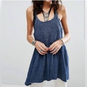 Free People Mountain View Sweater Crochet Knit Tunic Top Blue‎ S over sized NWT